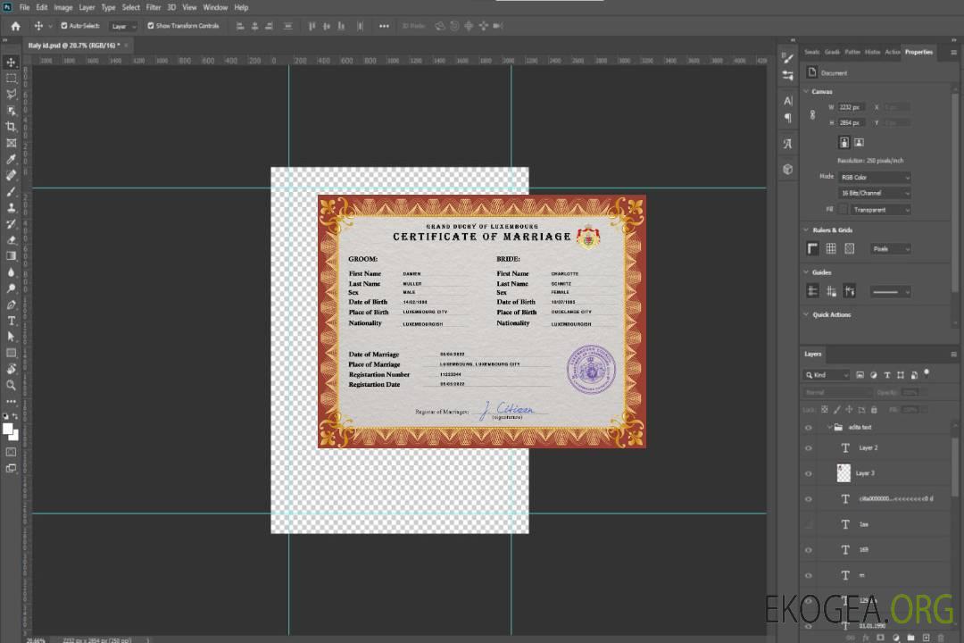 Modèle PSD de certificat de mariage luxembourgeois template